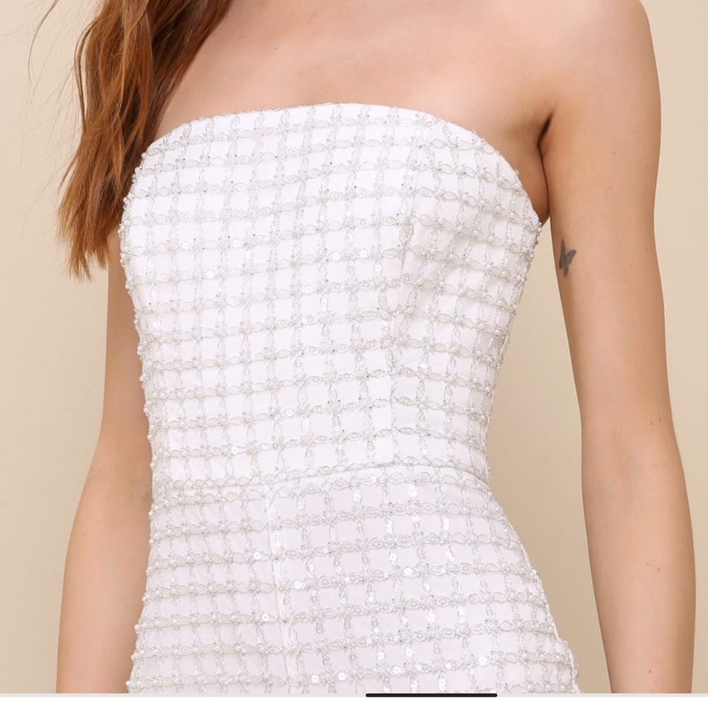 Lulu’s Brilliant Magnificence White Pearl Sequin Strapless Jumpsuit